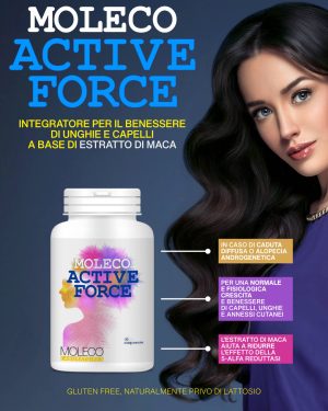 Moleco Active Force, integratore per il benessere di unghie e capelli a base di estratto di maca. Flacone da 30 compresse.