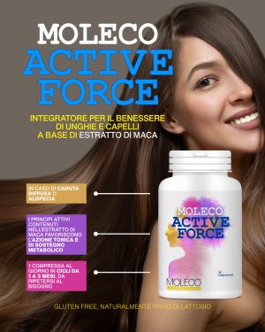 Moleco Active Force, integratore per il benessere di unghie e capelli a base di estratto di maca. Flacone da 30 compresse.