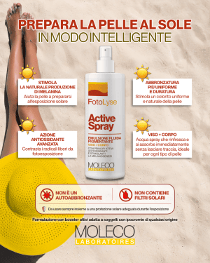 Scopri FotoLyse Active Spray, un'acqua spray pigmentante per corpo e viso formulata per aiutare la pelle durante la fotoesposizione naturale o artificiale.